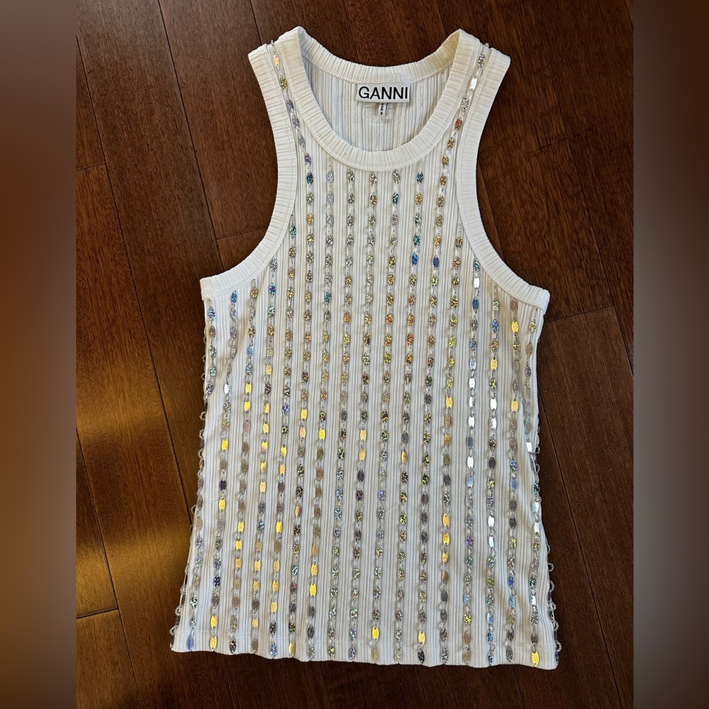 Ganni White Sequin Embellished Top